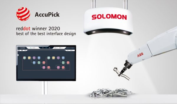 AccuPick-3D-Red-Dot-Winner-2020 Red Dot winner 2020 logo with AccuPick 3D interface with SolScan industrial camera and ABB robot arm
