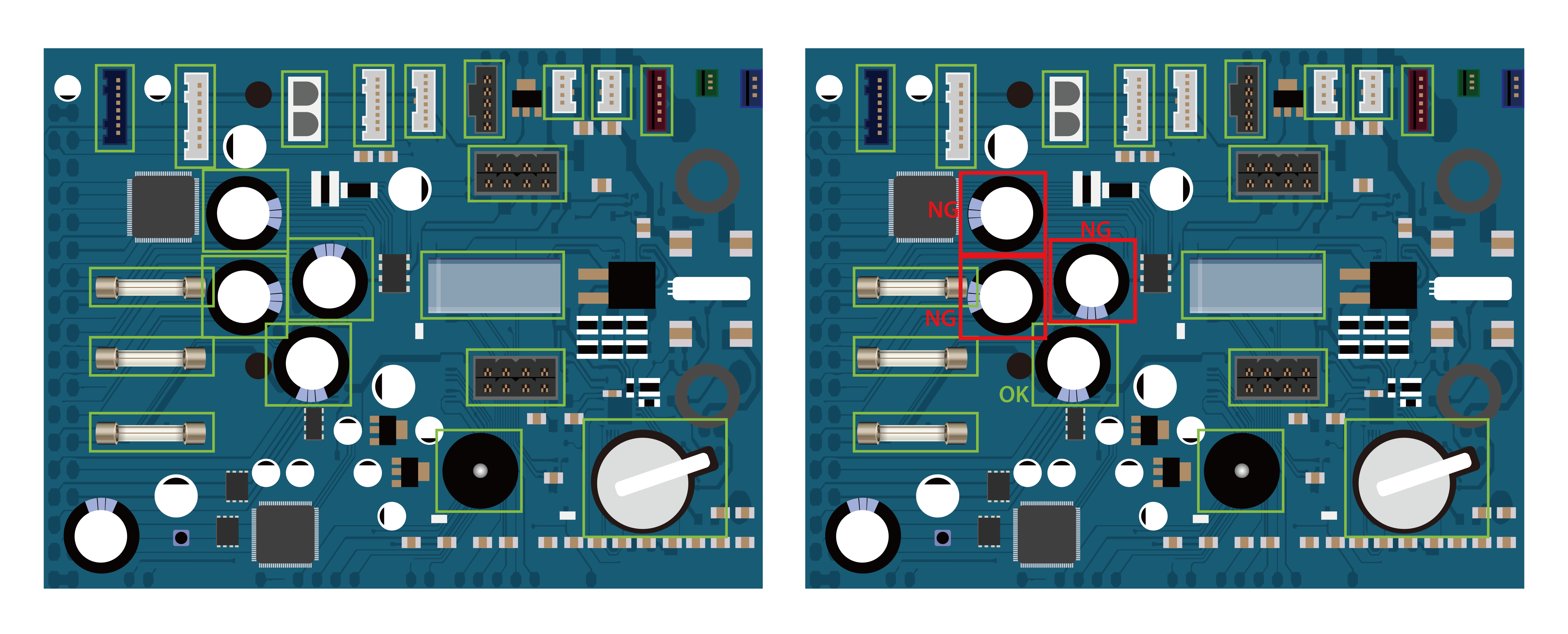 PCB golden sample (left) and defects detected (right)