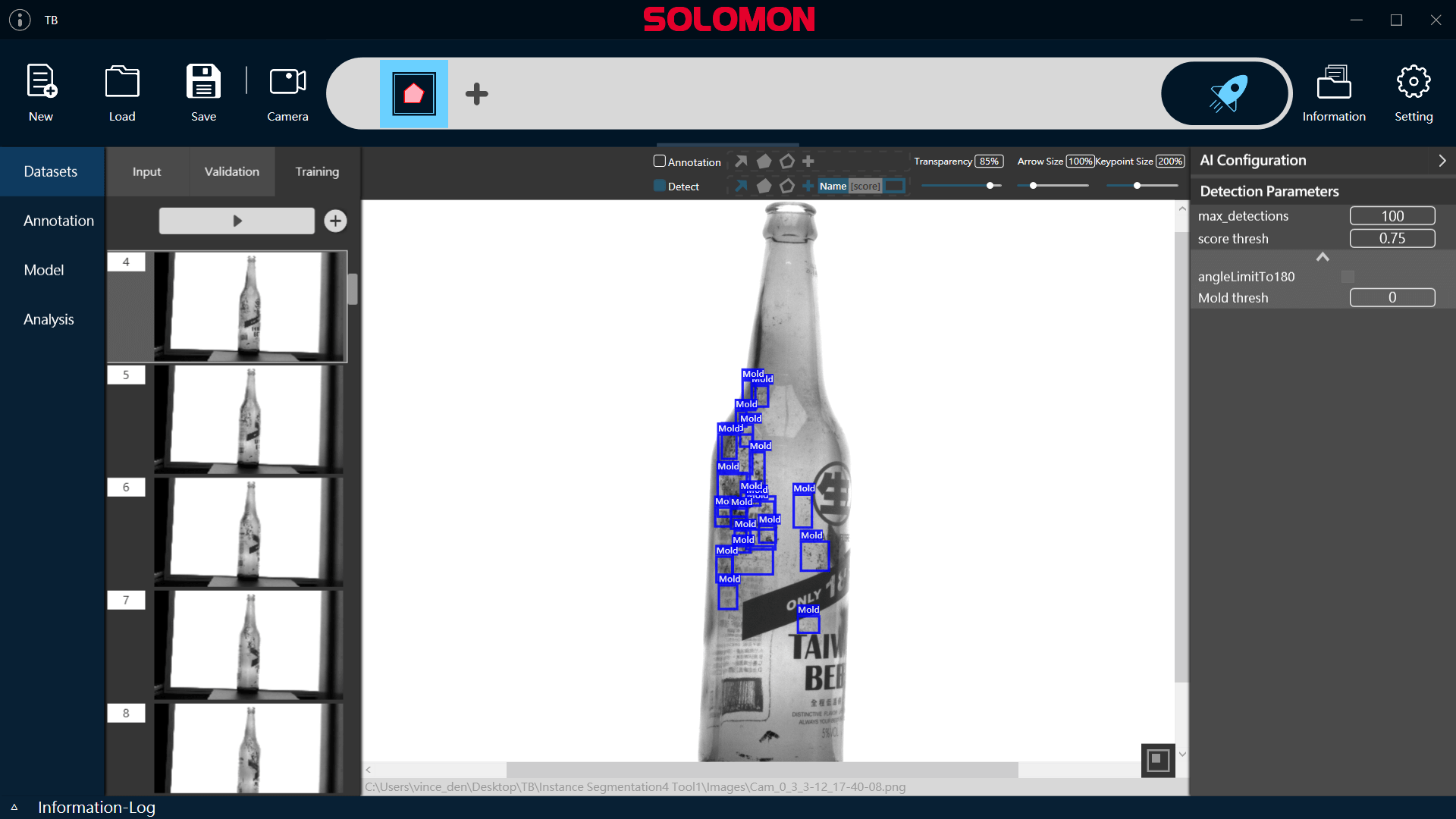 Beer Bottle Inspection Results Beer bottle inspection and defect detection using SolVision AI vision software