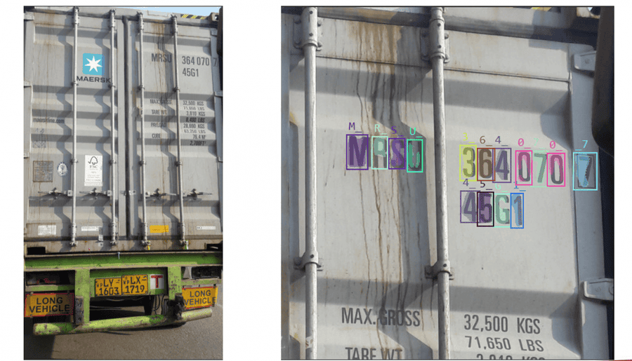 A close-up image of a gray shipping container with its unique shipping container number recognized by AI OCR