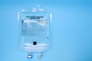 50ml saline IV bag on blue background
