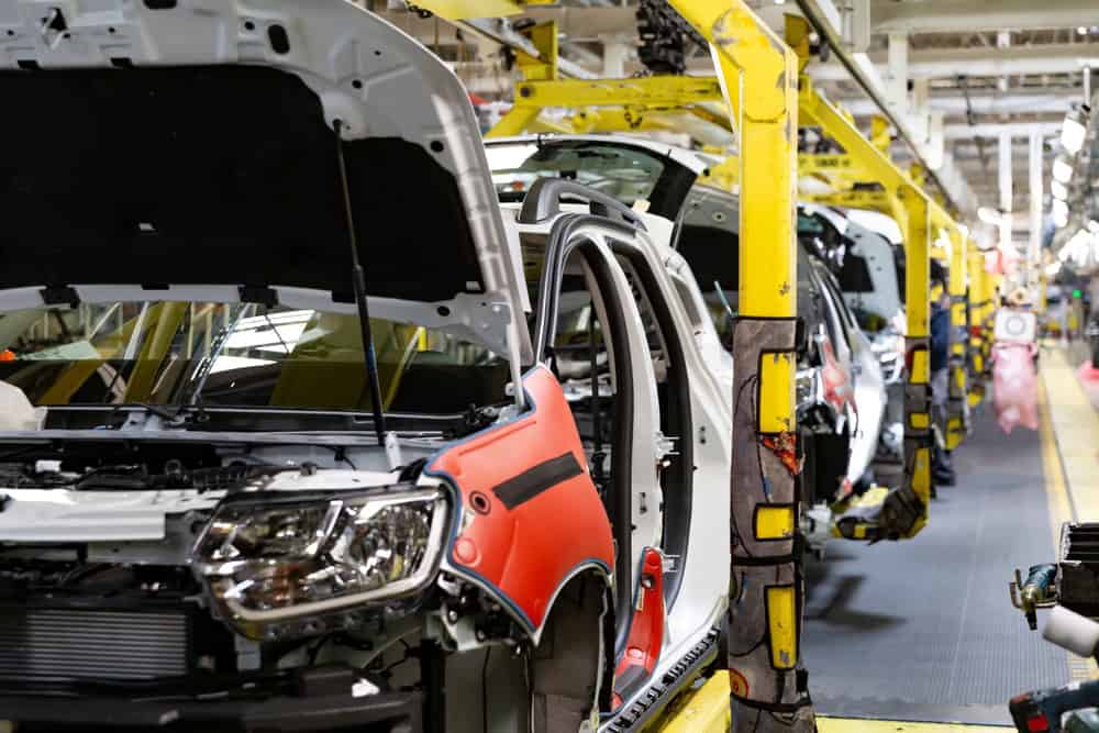 Industrial production of car automobiles. Plant for assembling modern cars on an assembly line