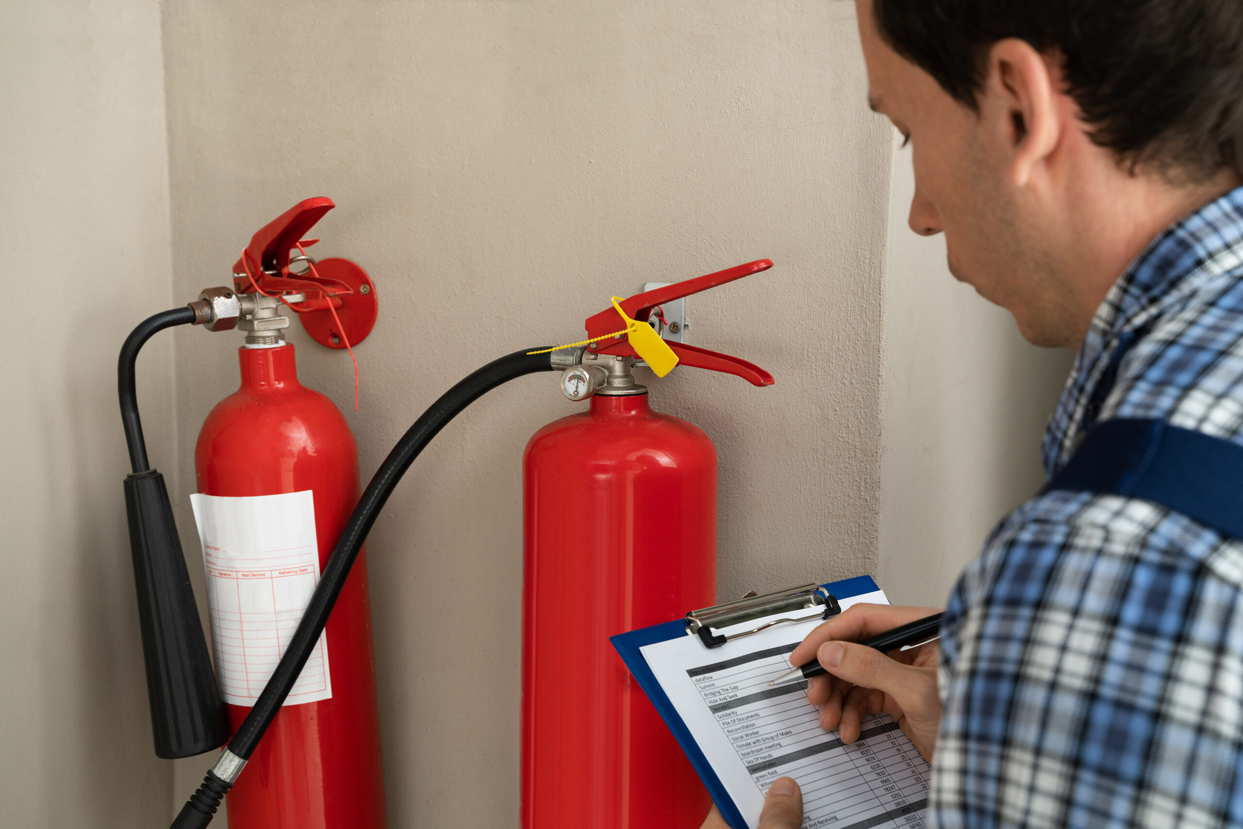 Professional performing a manual fire safety inspection, a process that can be automated by an AI vision system.