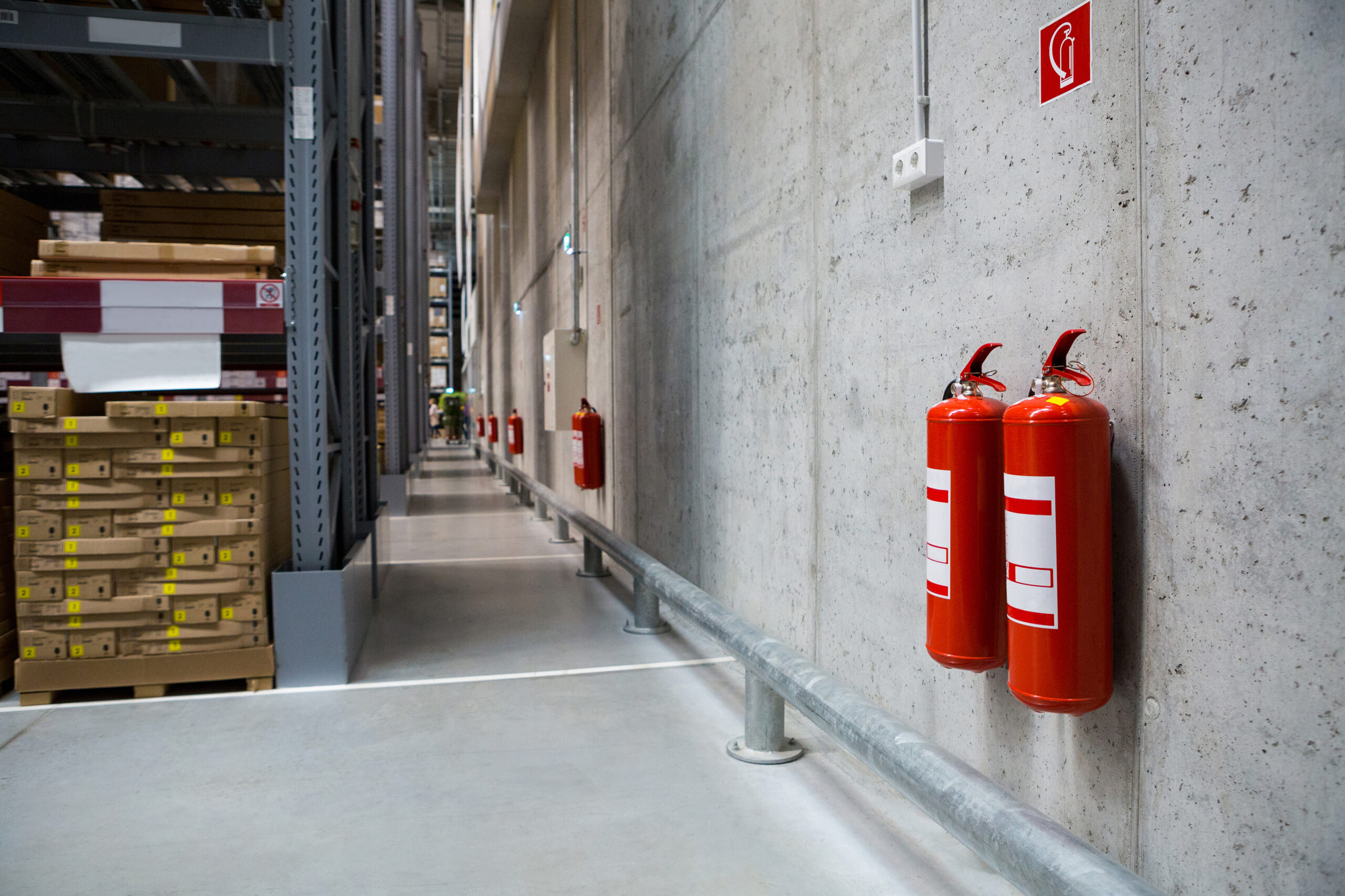 Fire Extinguisher Inspection two fire extinguishers on the wall in a warehouse