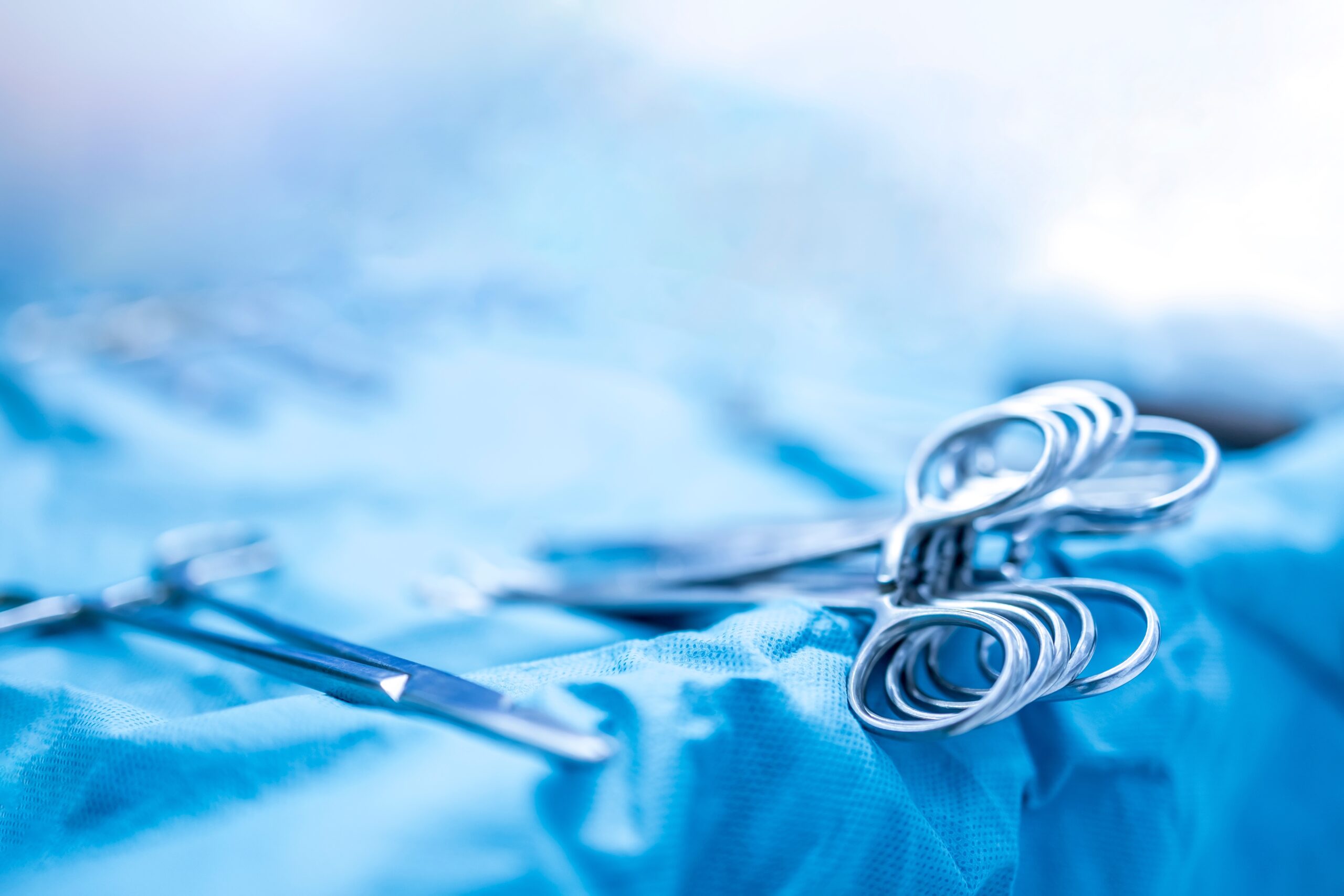 Surgical clamps and medical equipment on a surgical tray