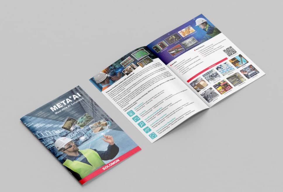 CGI image of a Solomon product brochure, featuring the META-aivi product brochure front cover and an example page layout.