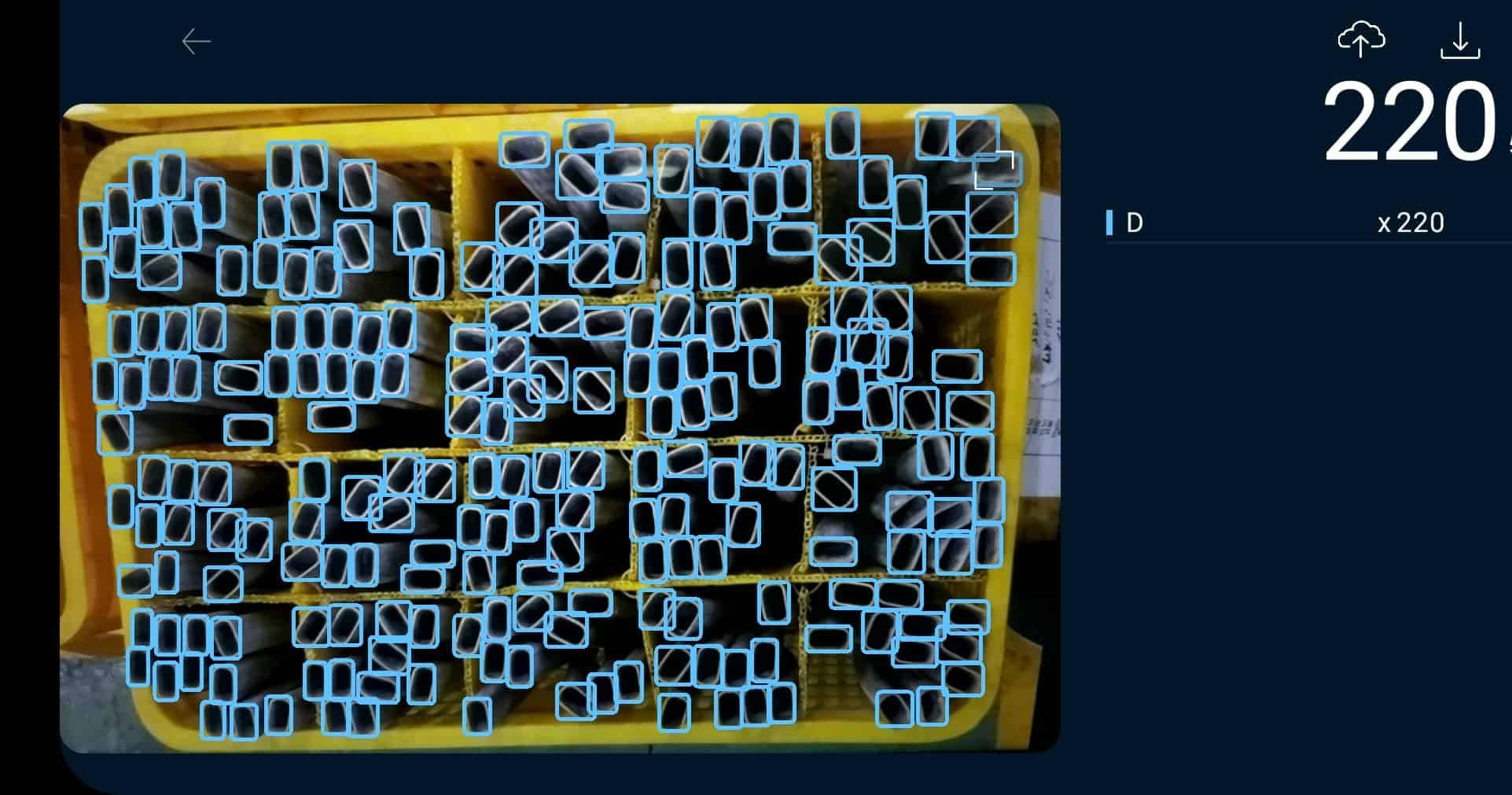 Counting using AR + AI vision AR + AI vision system overlaying digital count on metal pipes inside a plastic crate.
