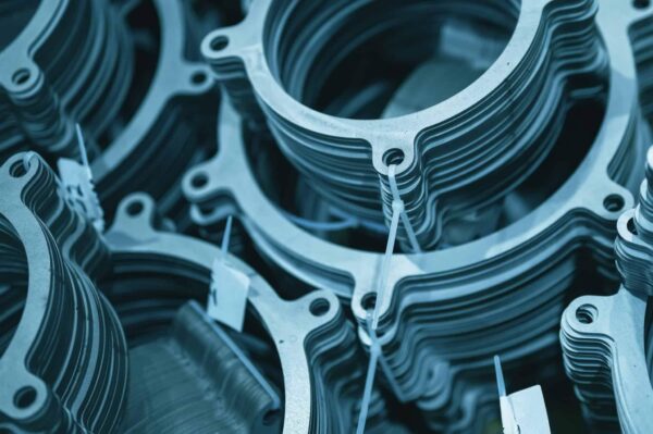Metal gaskets for pipelines. Abstract industrial background toned in blue.