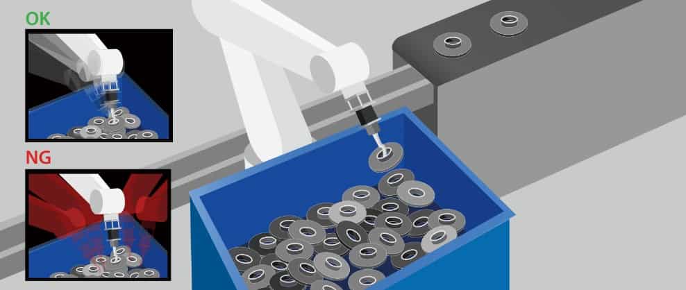 Random Bin Picking of Metal Objects graphic showing robot arm random bin picking metal objects from a blue bin onto a conveyor