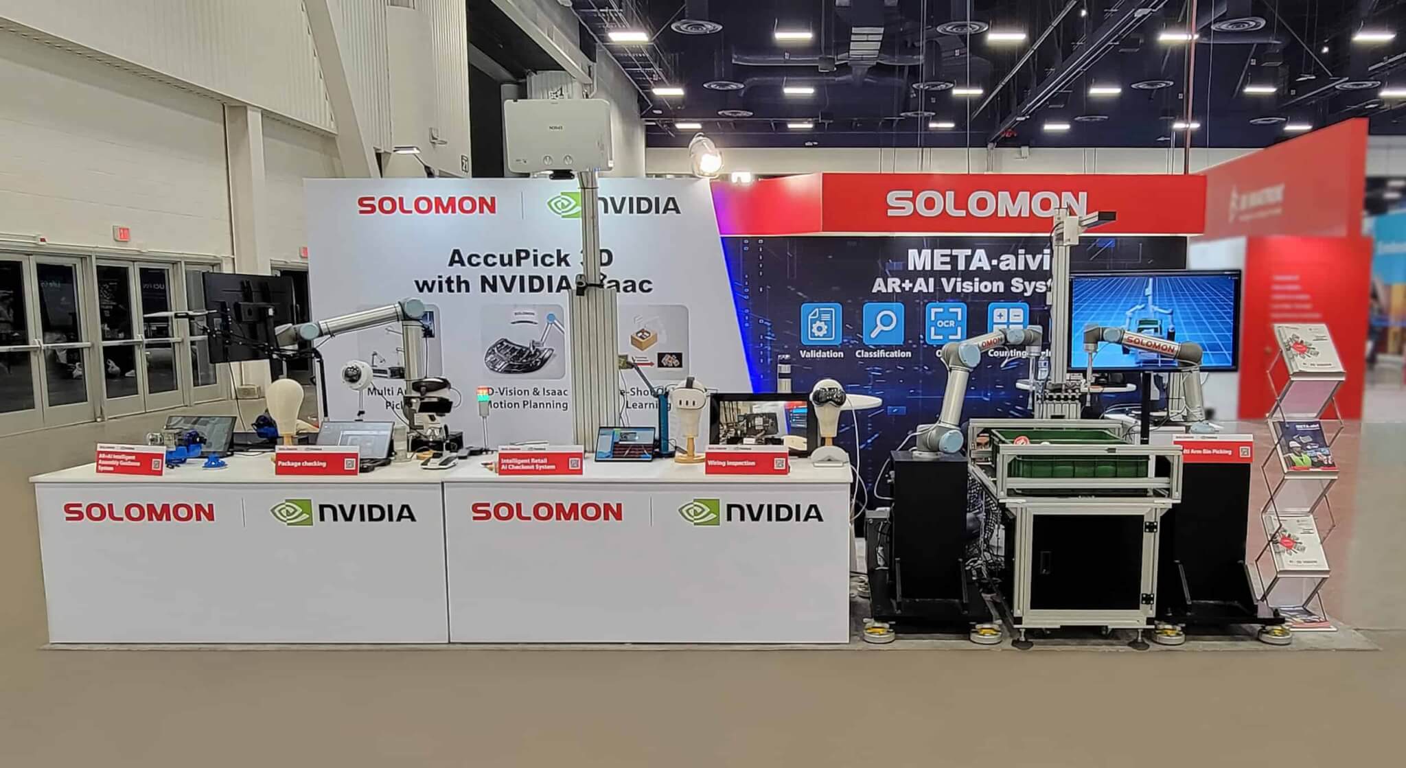 Solomon Advances Robotics with NVIDIA Isaac at CES 2025 Solomon's booth at CES 2025 featuring demo stations of META-aivi AR + AI vision system and AccuPick 3D with NVIDIA Isaac