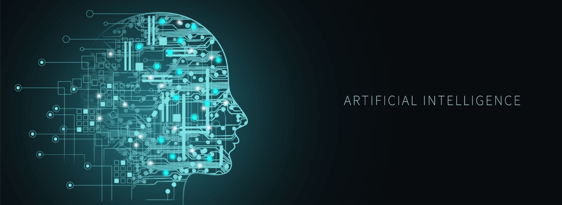 Artificial Intelligence Stylized graphic of a neural network representing an AI brain, with the words 'Artificial Intelligence' in capital letters.