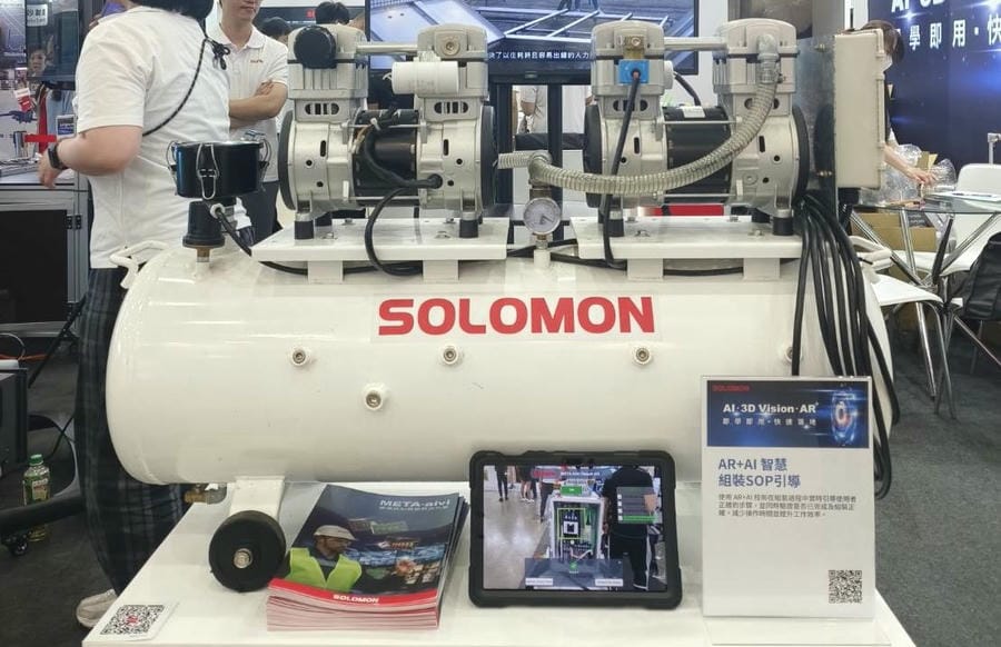 AR + AI Intelligent Inspection SOP Guidance A tablet with META-aivi AR + AI to perform real-time inspection of an air compressor, following on-screen SOP guidance.