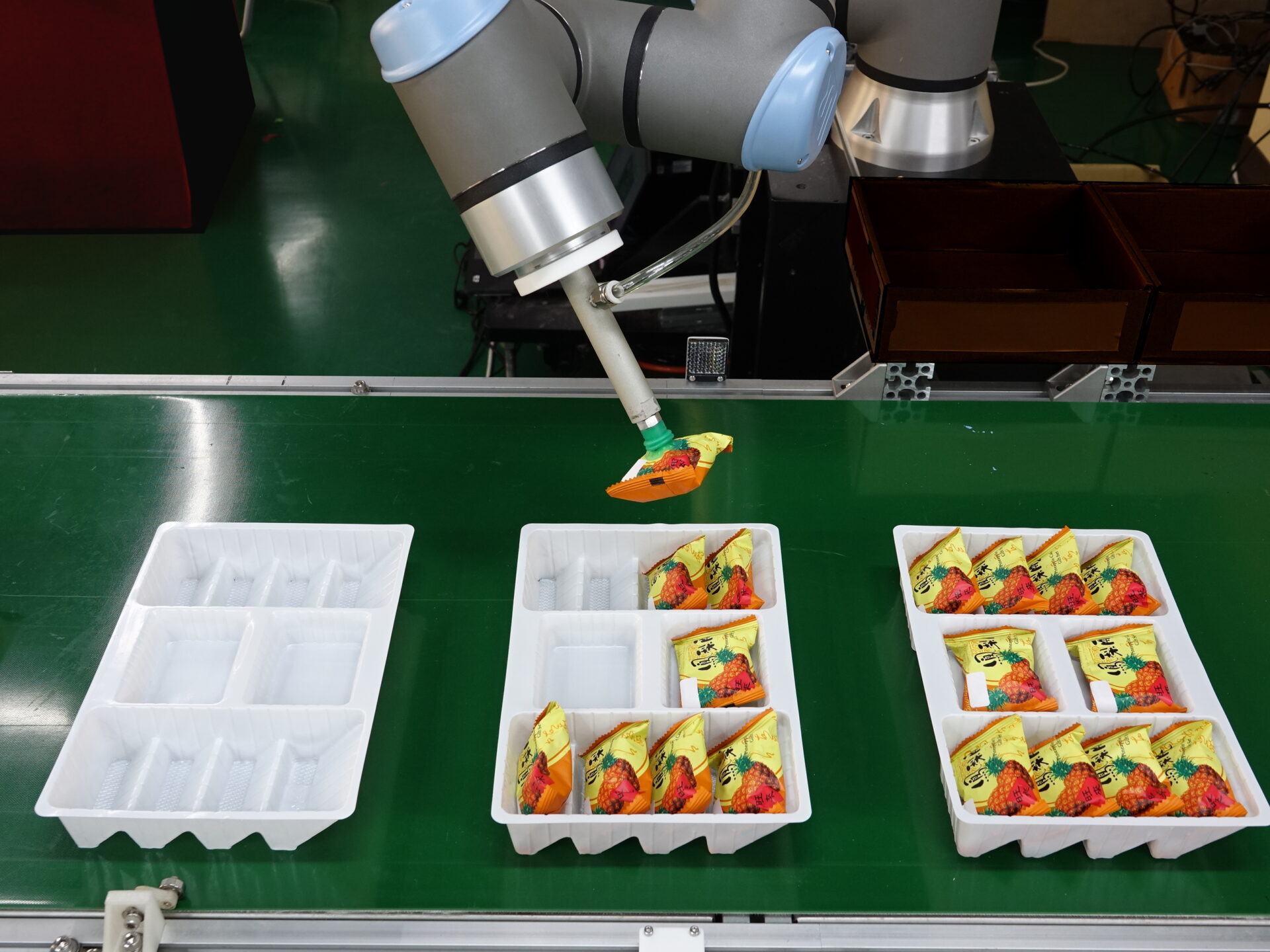 Packaging a UR robot arm places snacks into packaging cases on a conveyor