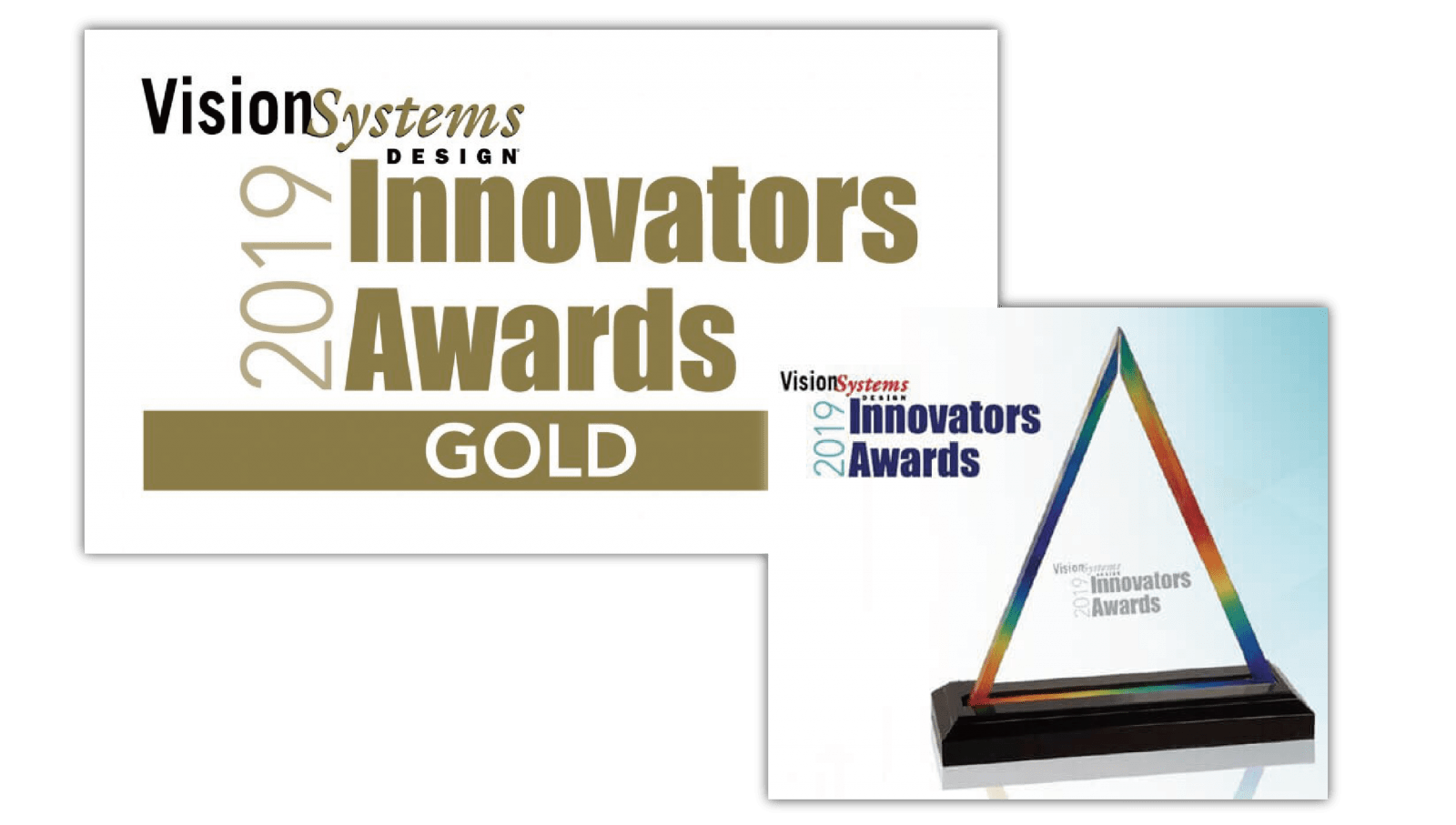 Vision Systems Design 2019 Innovators Awards Gold Honors Logo and Trophy Graphic displaying the Vision Systems Design 2019 Innovators Awards GOLD logo and the physical award trophy, validating AccuPick 3D's win for its AI bin picking solution.