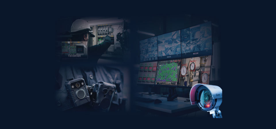 Soluzioni di intelligenza aumentata Montaggio di una telecamera IP, una bodycam e occhiali AR, che rappresentano i dispositivi utilizzati nelle applicazioni di intelligenza aumentata.