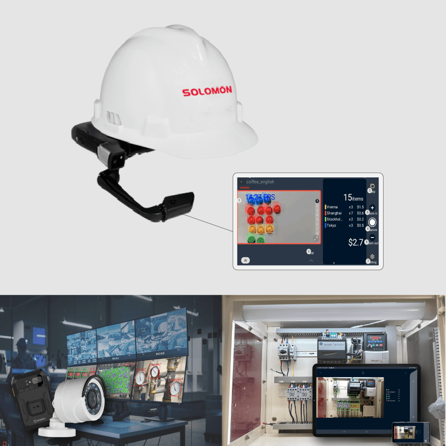 META-aivi AR + AI Vision System displayed on compatible smart devices: industrial AR glasses, IP camera remote monitoring, and a tablet for wiring inspection.