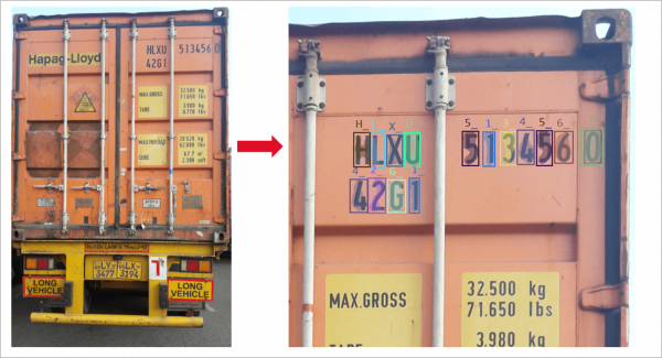 Shipping Container Number Recognition A close-up image of an orange shipping container with its unique shipping container number recognized by AI OCR