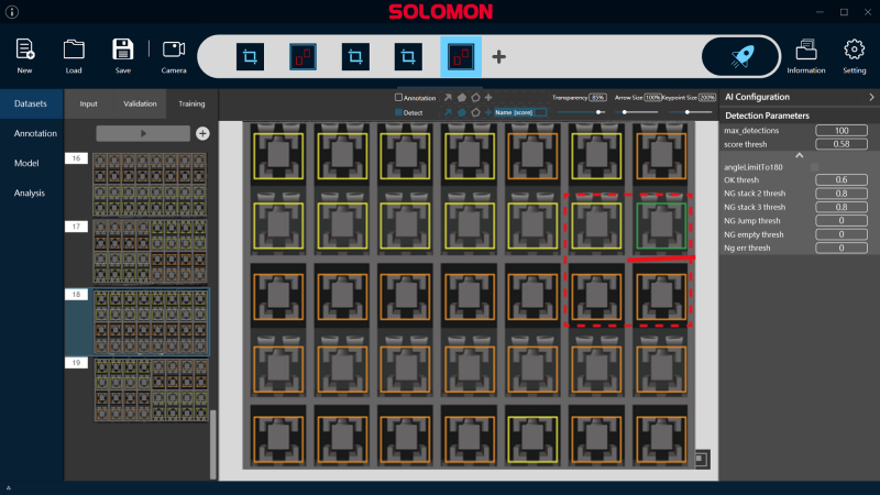 IC Tray Inspection Using SolVision Interface of SolVision AI vision system software inspection IC tray. Incorrectly placed ICs are highlighted in red.