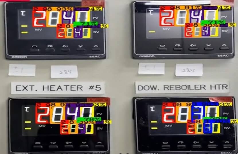 Industrial control panel featuring four digital display meters, showing automated gauge meter reading using META-aivi AR + AI vision with colored bounding boxes and confidence scores (percentages) for digit recognition.