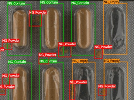 Pharmaceutical quality control using SolVision AI vision for presence/absence inspection of blister packs, highlighting defects like "NG_Contain" (incorrectly filled), "NG_Powder" (spilled contents), and "NG_Empty" (missing capsule).