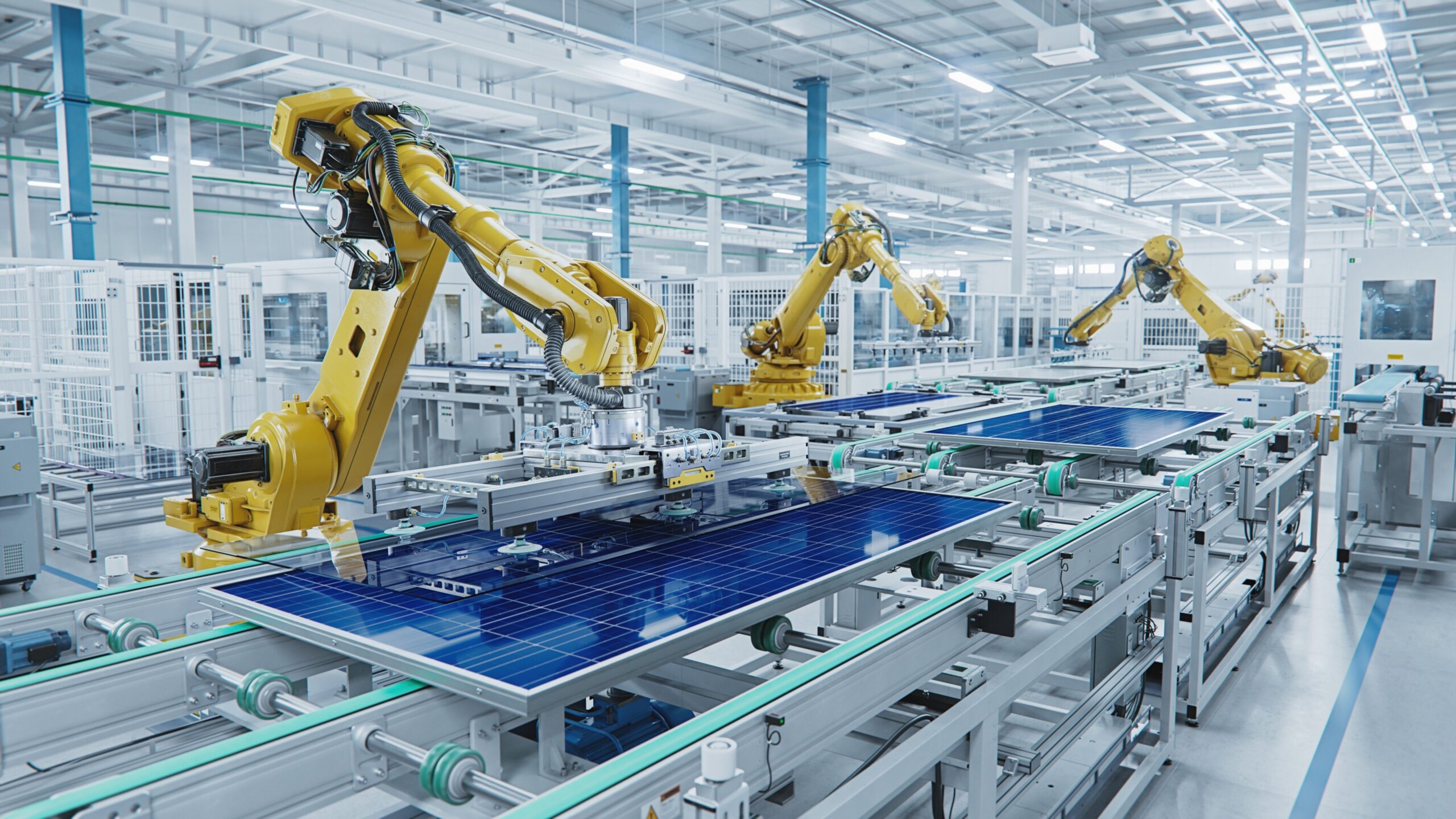 Panoramic view of a modern factory floor showing multiple yellow robotic arms assembling blue solar panels on a conveyor system, representing the core role of AI vision solutions and robotics in enabling Smart Manufacturing and Industry 4.0.