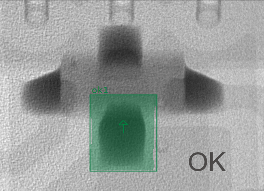 OK: Acceptable solder joint X-ray inspection of a high-quality BGA soldering joint classified as 'OK' by an AI-driven automated inspection system, ensuring manufacturing compliance.