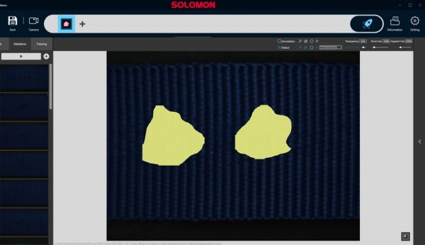 Ribbon Fabric Inspection Using SolVision user-interface of SolVision performing AI inspection of ribbon fabric