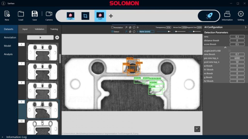 Injection molded rubber inspection using SolVision Interface of SolVision AI vision system software performing injection molded rubber inspection