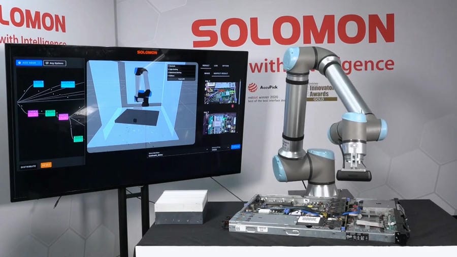 Robot inspection of a server board A UR cobot powered by Solomon AI, UR AI Accelerator and NVIDIA Isaac technology performing visual inspection of components on a computer server board in a robotics lab