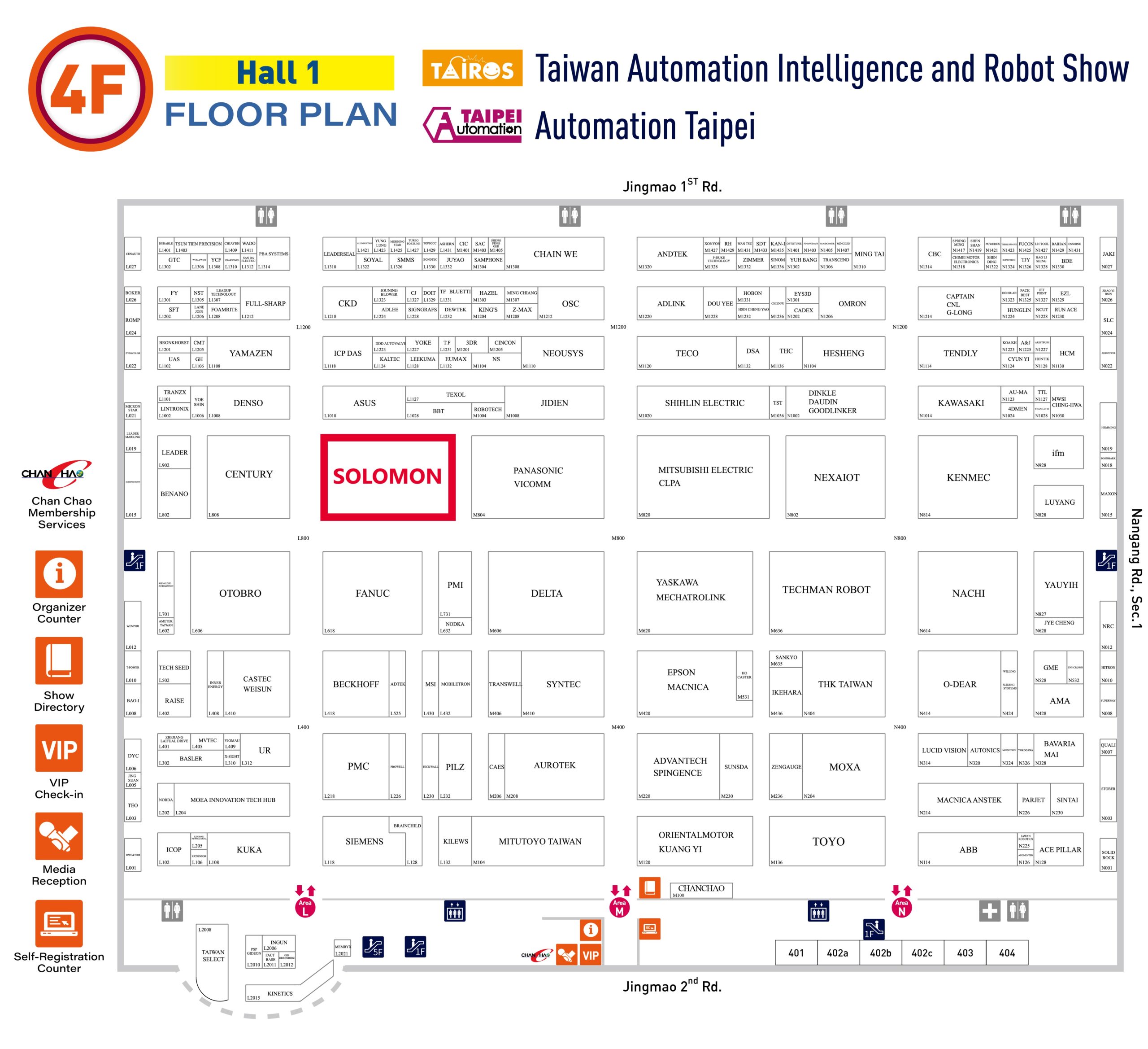 Automation Taipei 2025 Hall 1 Floor Plan - Solomon Booth L818 Floor plan of Automation Taipei 2025, Hall 1, 4F, with Solomon's Booth L818 clearly highlighted in red, to help visitors locate the booth.