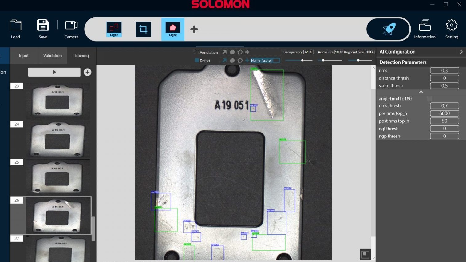 A screenshot of the SolVision AI vision system software interface showing a metallic hardware casing. The system has automatically detected and highlighted subtle defects on the surface  during metal casing inspection for quality control.