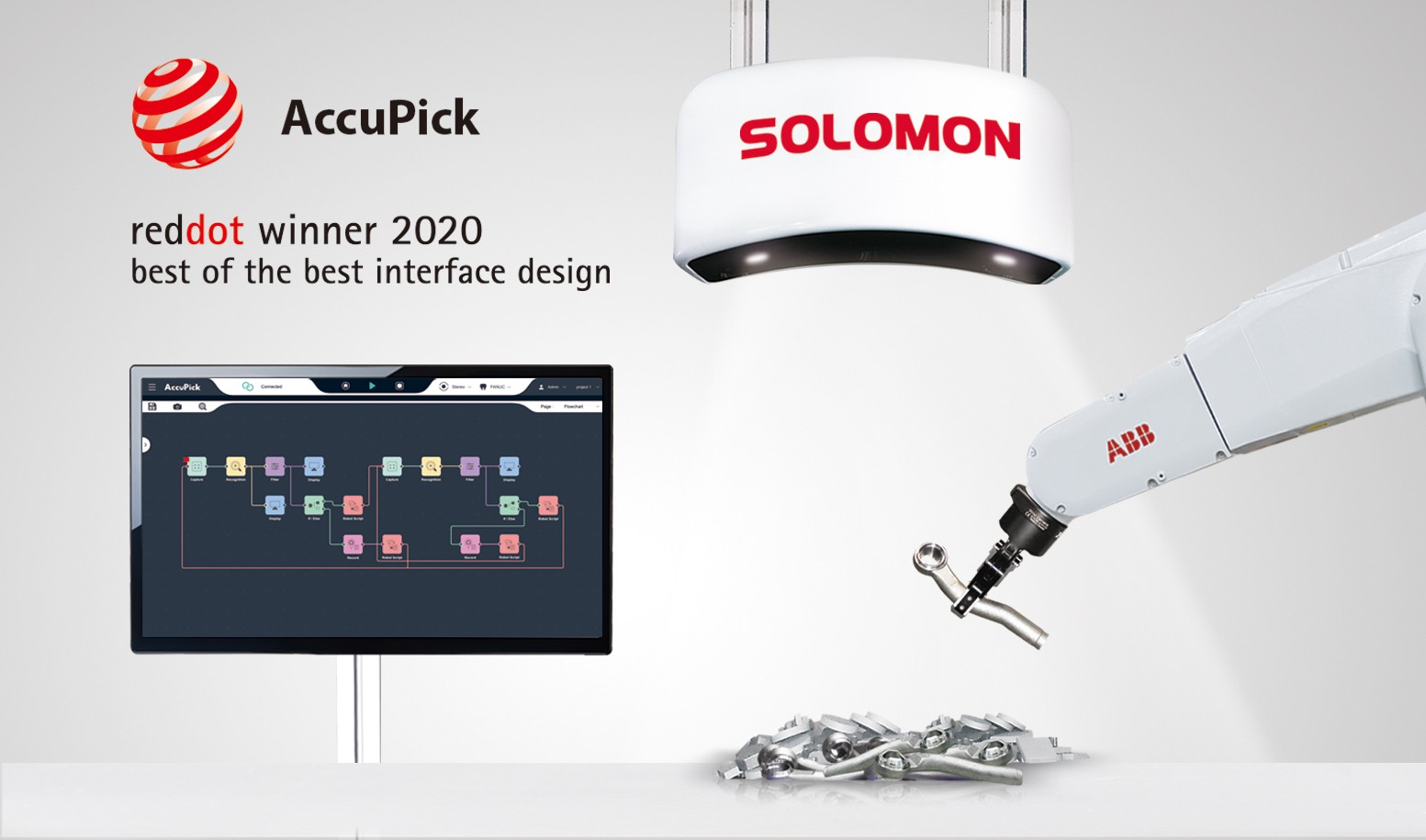 AccuPick 3D Red Dot 'Best of the Best Interface Design' Award Winner Graphic showcasing the Red Dot 'Best of the Best' winner, AccuPick 3D. The image features an ABB robot and a monitor displaying the intuitive graphical flow-chart user interface for fast, user-friendly bin picking setup.